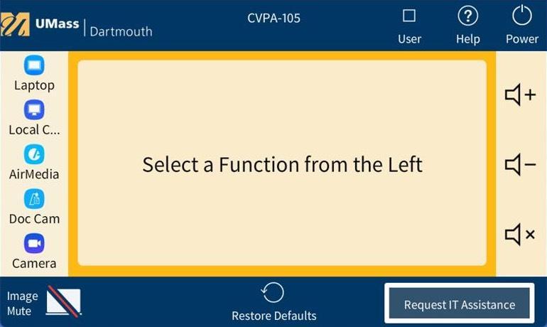 Crestron touch panel with instructions to select a function from the left for projection in the classroom space