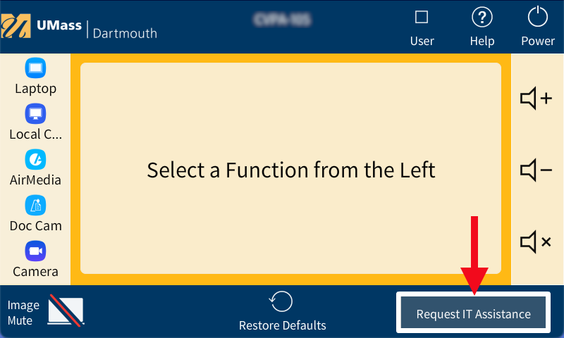 Creston control panel with arrow pointing to the 