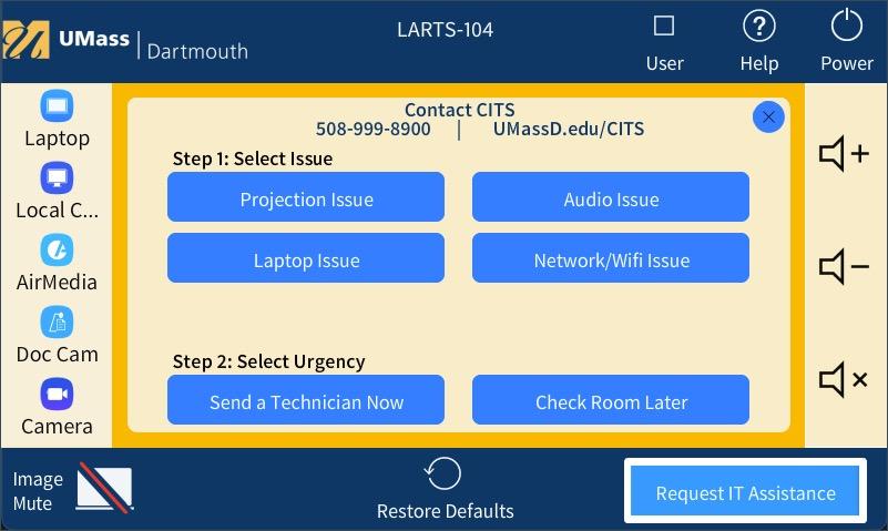 Request IT Assistance screen with 4 issue options listed and an urgency option to send help now or later