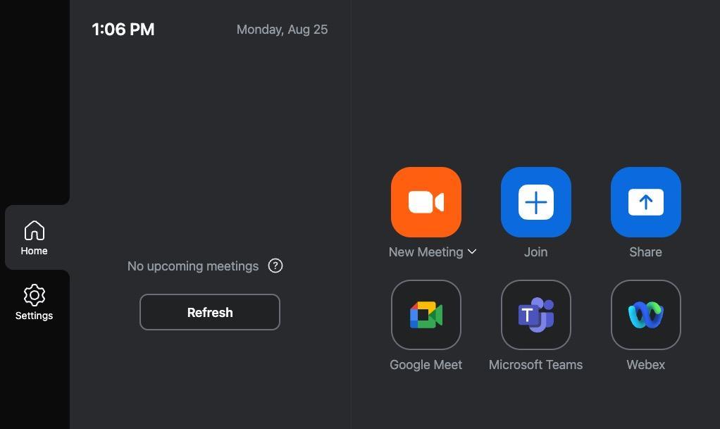 Zoom room tablet home screen with zoom meeting buttons to start a new meeting, join an existing meeting, share content. Includes Google Meet, MS Teams, and Webex join options