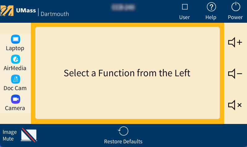 Crestron touch panel with instructions to select a function from the left for projection in the classroom space
