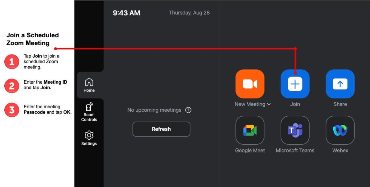 Zoom room home screen with the join meeting highlighted and steps provided to join an existing Zoom meeting by entering in the meeting ID and password