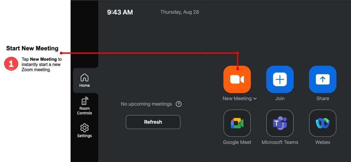 Zoom room tablet with the New Meeting button highlighted for users to use to start an instant new zoom meeting