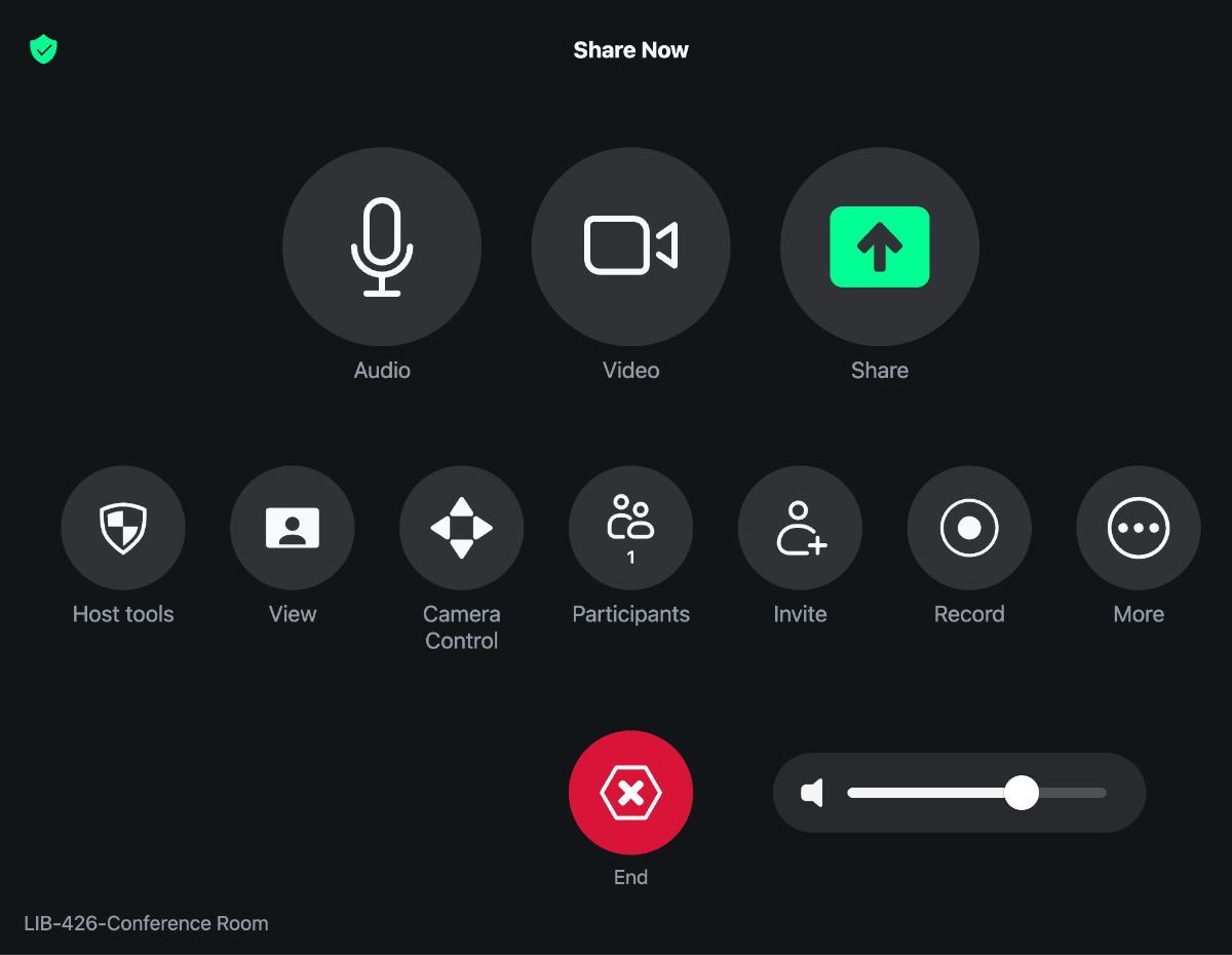 Zoom room meeting controls available on the Zoom Room tablet during Zoom meetings