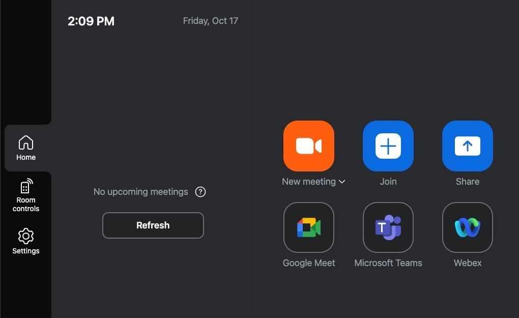 Crestron panel home screen with new meeting, join, and share options for Zoom meetings as well as other video conferencing options (Google Meet, Teams, and WebEx)