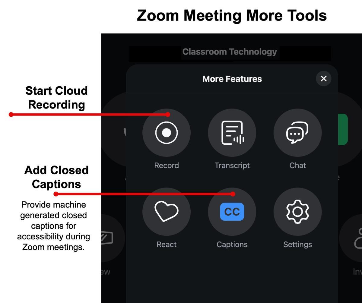Zoom meeting controls with the more menu shown calling out how to add captions or start a video recording