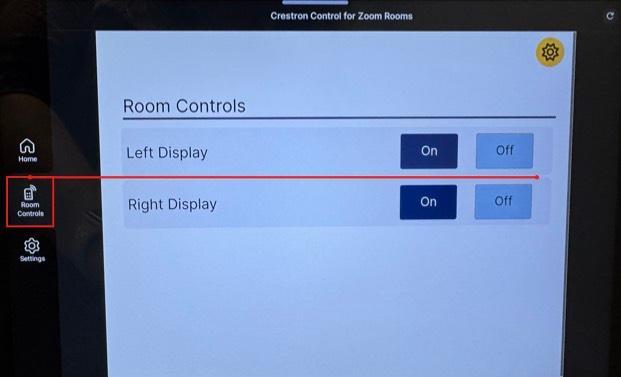 Zoom room controls section on the Zoom Room tablet showing how to turn displays on and off