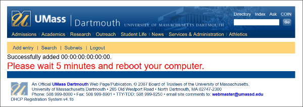 A picture of the CITS netreg computer registration page after successful registration