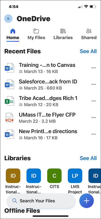A picture of the OneDrive app with a list of recent documents displayed