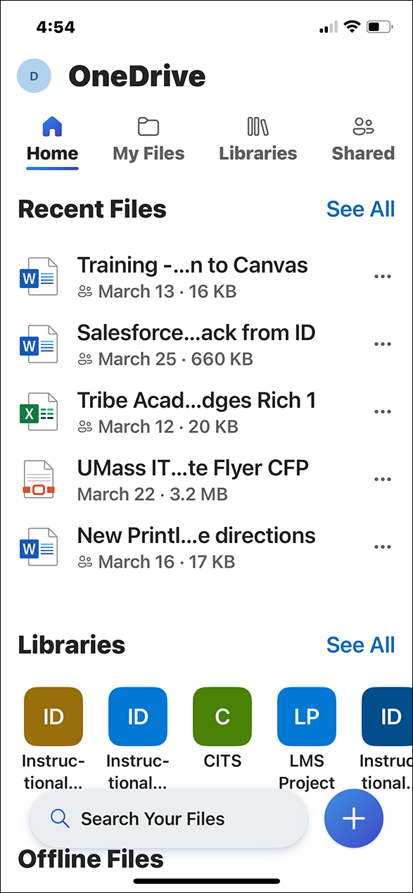 A picture of the OneDrive app with a list of recent documents displayed