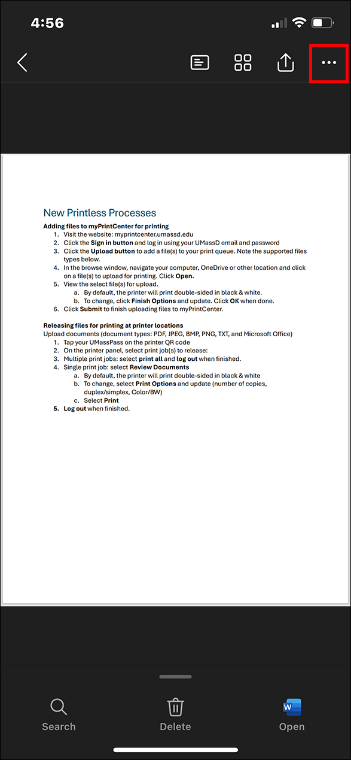 A picture of the OneDrive app with a document selected