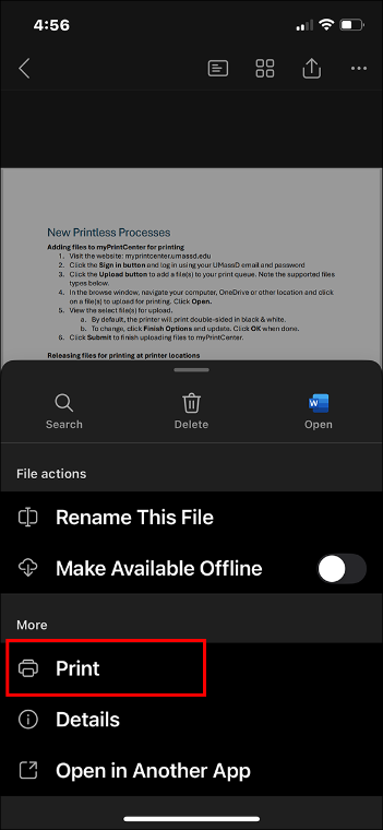 A picture of the OneDrive app with the document options menu open