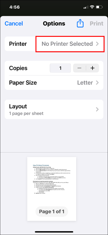 A picture of the OneDrive app with no printer selected