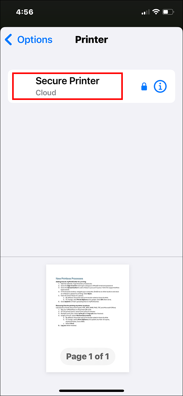 A picture of the OneDrive app with the option to select a printer