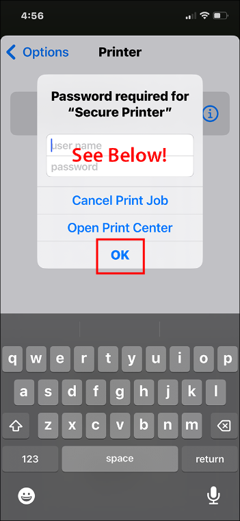 A picture of the OneDrive app showing the authentication dialog box for a Pharos secure printer