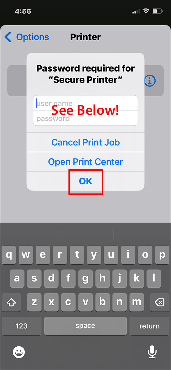A picture of the OneDrive app showing the authentication dialog box for a Pharos secure printer