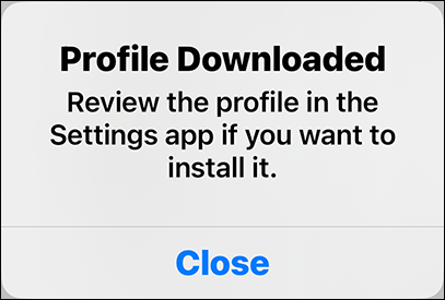 A picture of the Pharos app confirming successful download of the configuration profile