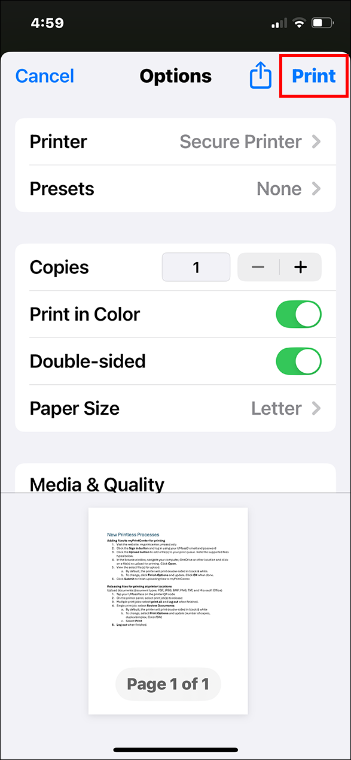 A picture of the OneDrive app showing the printing options for the selected document