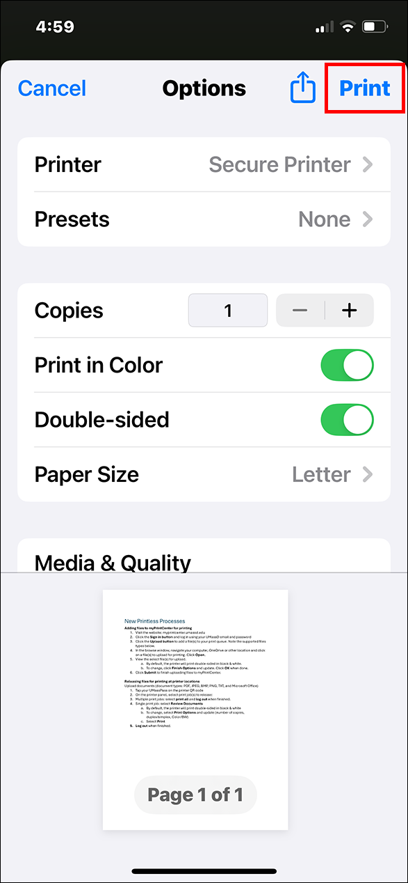 A picture of the OneDrive app showing the printing options for the selected document