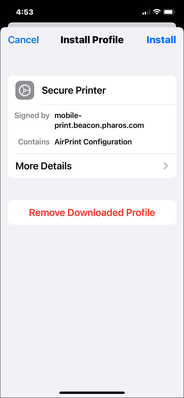 A picture of the iOS Settings app showing the Install option