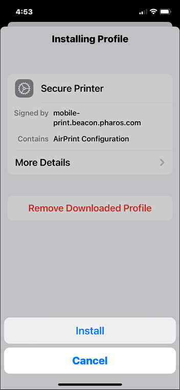 A picture of the iOS Settings app requesting confirmation to install the Pharos configuration