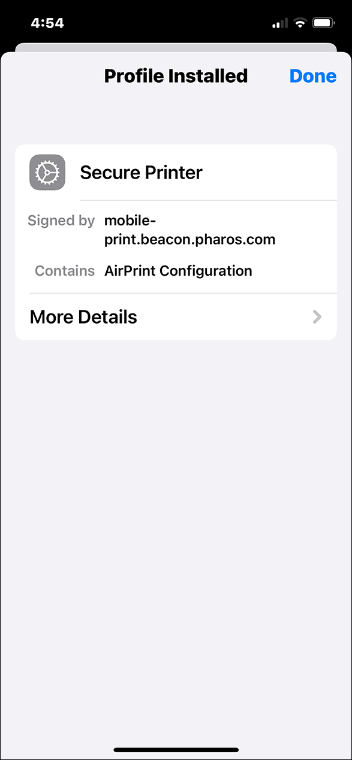 A picture of the iOS Settings app showing the successful installation of the Pharos profile