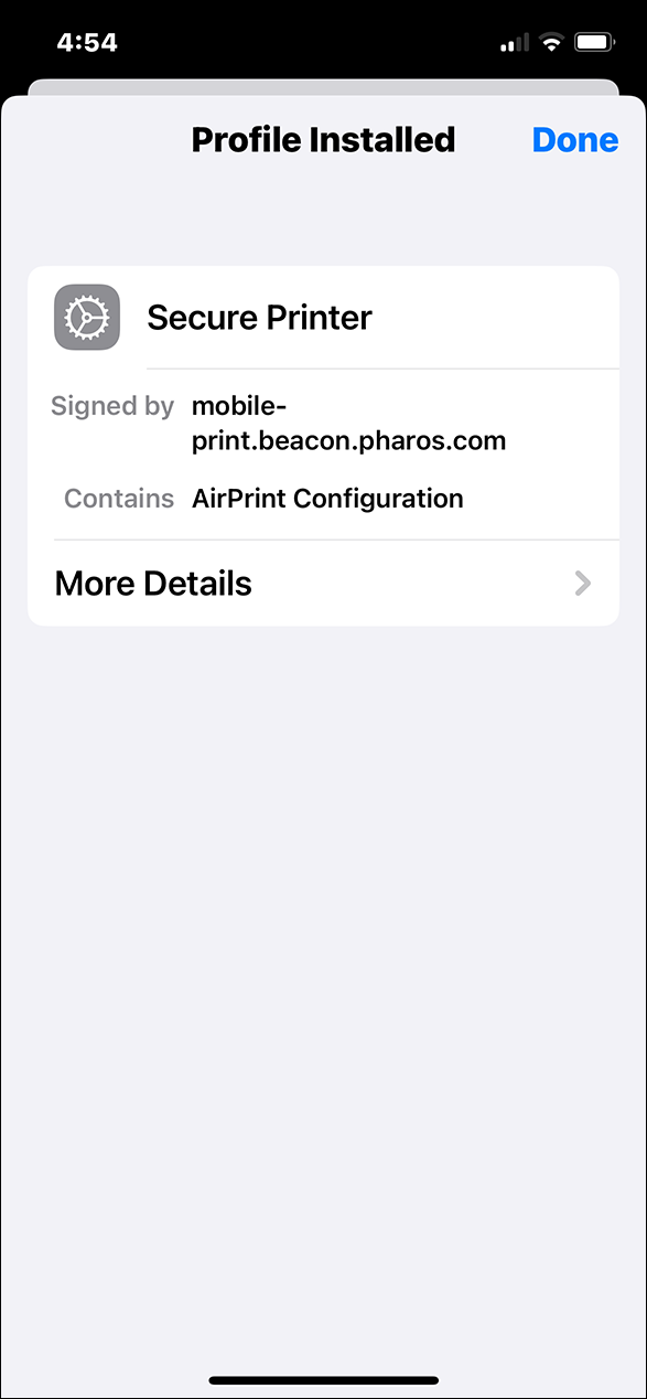 A picture of the iOS Settings app showing the successful installation of the Pharos profile