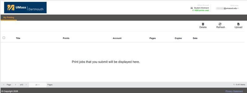 A picture of the myPrintCenter web page showing the empty print jobs list