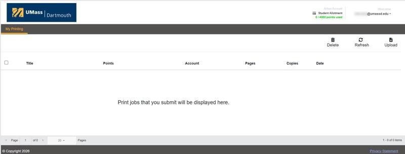 A picture of the myPrintCenter web page showing the empty print jobs list