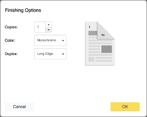 picture of the myPrintCenter web page showing the finishing options dialog box