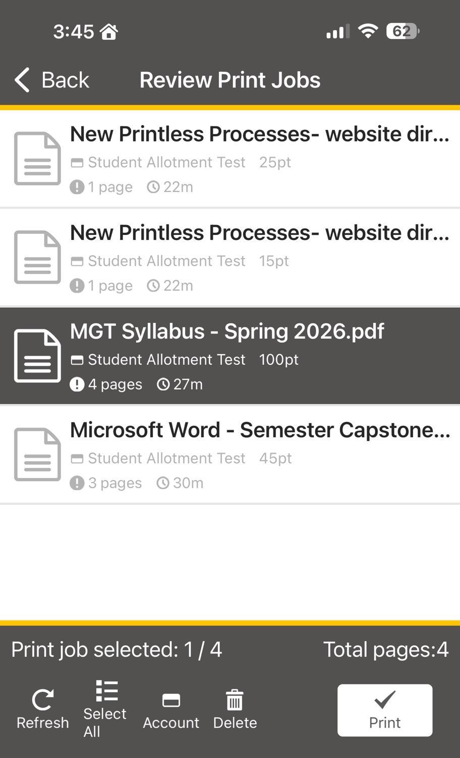 A picture of the Pharos app with three print jobs listed