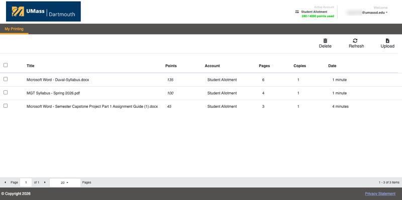 picture of the myPrintCenter web page showing the print jobs list with four files