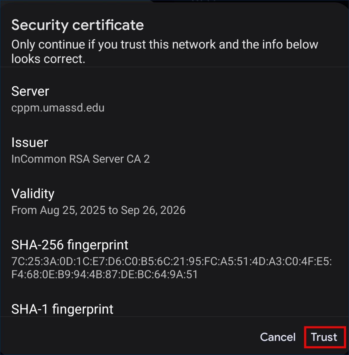 Android security certificate prompt showing server cppm.umassd.edu with the Trust button highlighted.