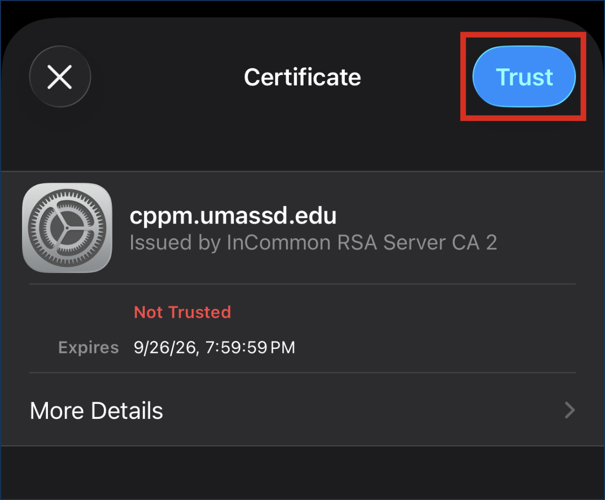 iOS certificate trust screen for cppm.umassd.edu with the Trust button highlighted.
