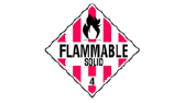 NFPA rating system: DOT Class 4, Flammable solids, the word Flammable solid and a black silhouette of a fire inside a pinkish-red and white striped diamond