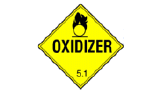 NFPA rating system: DOT Class 5, Oxidizer, the word Oxidizer and a silhouette of a fire behind a circle inside a yellow diamond