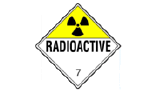 NFPA rating system: DOT Class 7, Radioactive, the word Radioactive and the radioactive symbol of 3 triangles on top of a yellow triangle, and inside a white diamond.