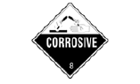 NFPA rating system: DOT Class 8, Corrosive the word Corrosive and a line drawing of 2 test tubes pouring a liquid onto a counter surface and a hand; lines radiate from the counter and hand to indicate burning, on top of a white triangle and all within a black diamond.