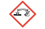 GHS Hazard Pictogram for corrosive - line drawing of 2 test tubes pouring a liquid onto a counter surface and a hand; lines radiate from the counter and hand to indicate burning, within a red diamond shape