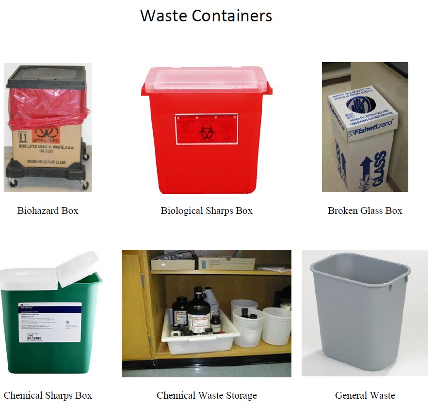 Examples of waste containers including: Biohazard box, biological sharps box, broken glass box, chemical sharps box, chemical waste storage and general waste container