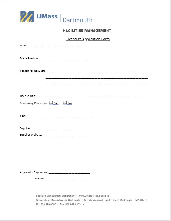 An Application Form to formerly apply for a license through Facilities Department