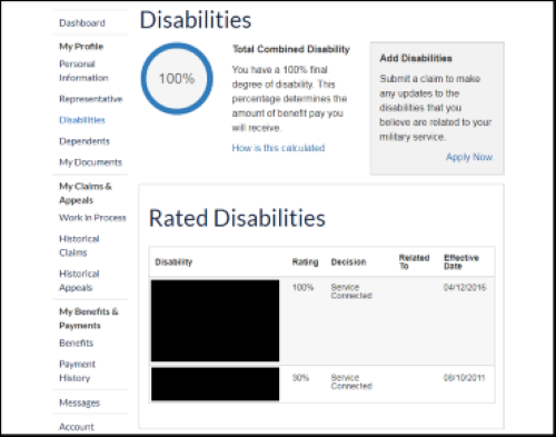 screen showing VA disabilities rating 