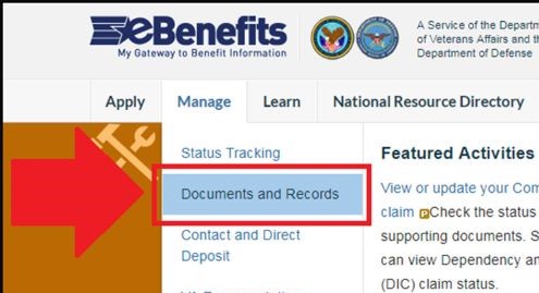 screen showing VA disabilities documents and record link