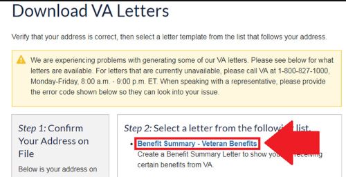 screen showing VA letters link